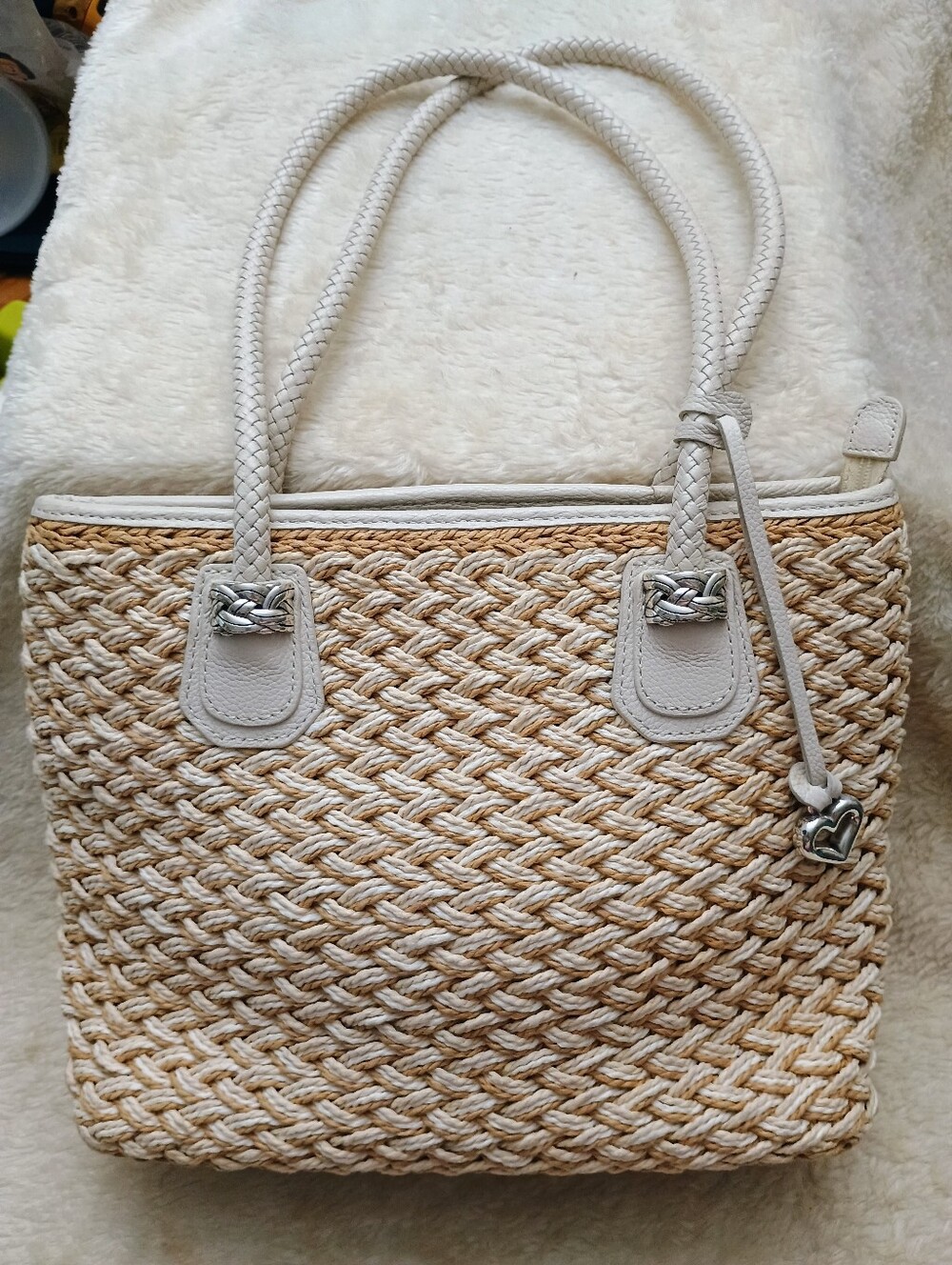 Brighton Eva Woven Straw Tote Bag Cream Leather